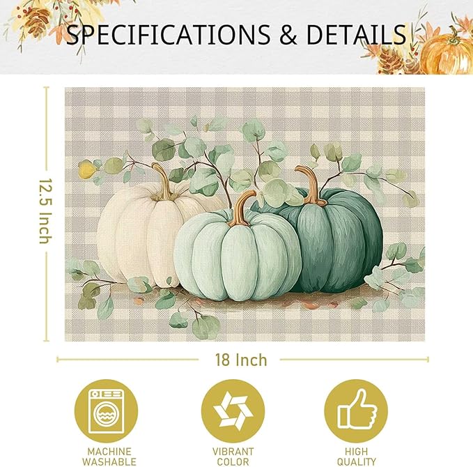 Double Side Set of 4 Buffalo Plaid Pumpkins Eucalyptus Leaves Fall Placemats Seasonal Maple Leaves Table Mats for Indoor Outdoor Home Party Dining Decor Burlap Table Mats 12x18 Inch #WP015