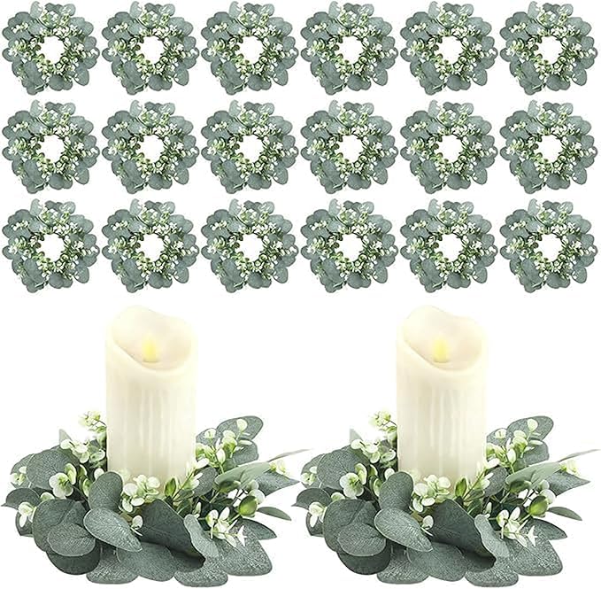 20 Pcs Artificial Eucalyptus Candle Rings, Boho Wedding Candle Holder Wreaths with Green Leaves, Decorative Pillar Candle Rings for Centerpieces and Home Decor