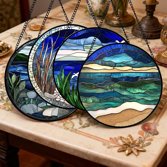 Stained Glass Window Hanging 4 Pcs Set Navy Blue Ocean Landscape 6.3" - Suncatcher Door Garden Sun Catcher Decor Birthday Mother's Day for Mom Woman Nana Girl Boy Friend