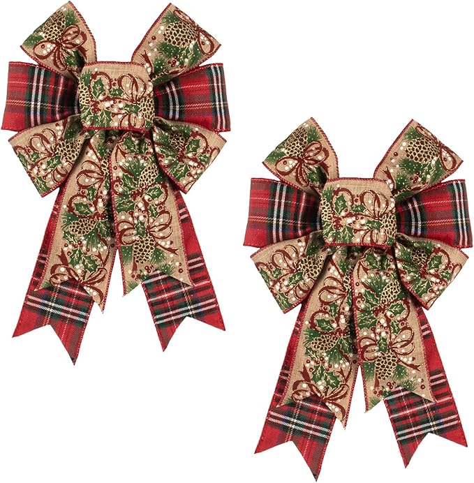 ALIBBON 2 Pcs Christmas Bows for Wreaths, Pine Cone Christmas Wreath Bows Red Buffalo Plaid Ribbon Bow for Front Door, Christmas Decorations, Xmas Tree Topper Bow for Indoor Outdoor Holiday Decor