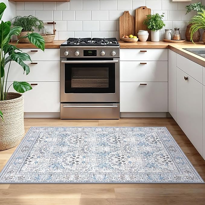 3x5 Modern Rug for Farmhouse, Grey Blue Super Soft Washable Rug with Non-Slip, Low-Pile Indoor Door Area Rug for Living Room Bedroom, Carpet with Non-Shedding