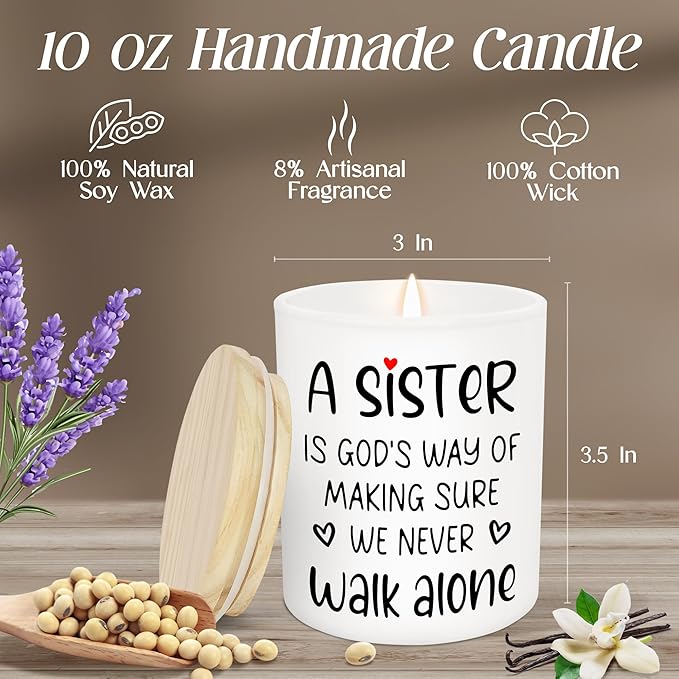 TEEZWONDER Christmas Sister Gifts for Women - A Sister Never Walk Alone Long Lasting Vanilla Lavender Candle 10 oz - Christian Birthday Gifts for Sisters from Sister, Candle for Women