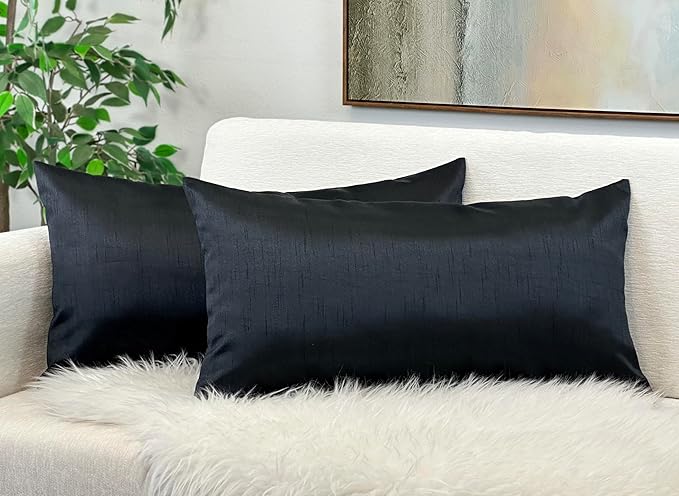 Aiking Home 12x24 Inches Faux Silk Rectangular Throw Pillow Cover, Zipper Closure, Black (Set of 2)