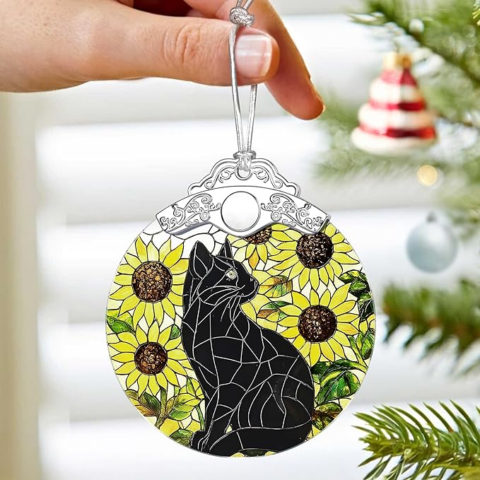 Black Cat Ornament – Christmas Decoration & Christmas Ornament; Stained Glass Holiday Decoration (Holiday Present, Bauble Present, Gift Idea, Gift Exchange) | Heirloom Keepsakes