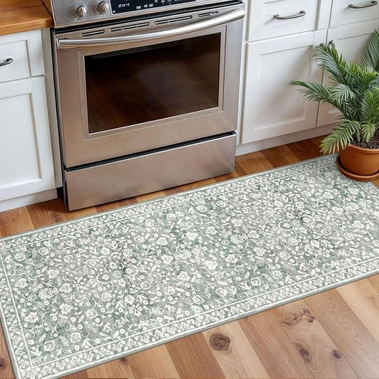 Vintage Washable 2x5 Rug Runner, Sage Green Grey Runners for hallways, Super Soft Kitchen Runner Rug Non Slip, Printed Faux Wool Floral Thin Carpet Runner for Entryway Laundry Room Bedroom