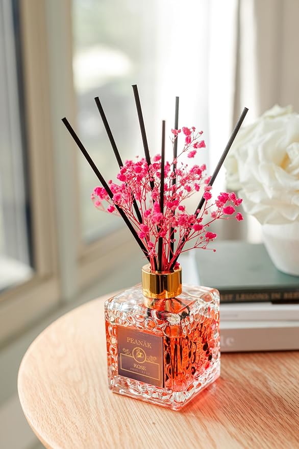 PEANÄK Reed Diffuser Set,6.7oz (200ml) Honey Rose Scented Diffuser with Preserved Flowers & 8 Fiber Sticks, Home Fragrance Reed Diffuser for Bathroom Shelf Decor