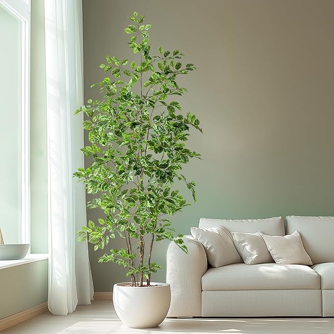 Artificial Ficus Tree Indoor 7ft, Large Potted Faux Tree with Realistic Silk Leaves & Trunk for Home Office, Living Room Corner Decor