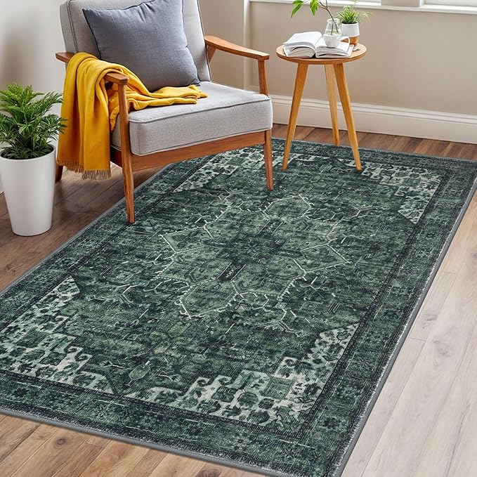 3x5 Washable Area Rug for Entryway, Dark Green Soft Medallion Printed Rug with Non-Slip, Low-Pile Vintage Boho Area Rugs for Living Room Bedroom Dining, Dorm Carpet with Non-Shedding
