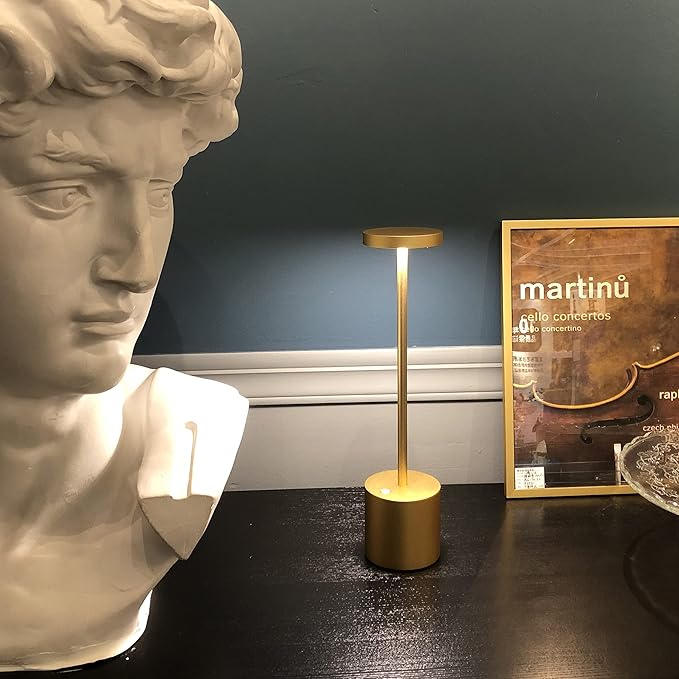 Cordless Table Lamp, Rechargeable LED Battery 6000mAh Metal USB Portable Powered Desk Lamp, 3 Levels Brightness Light for Restaurants Outdoor (13.25in Gold)