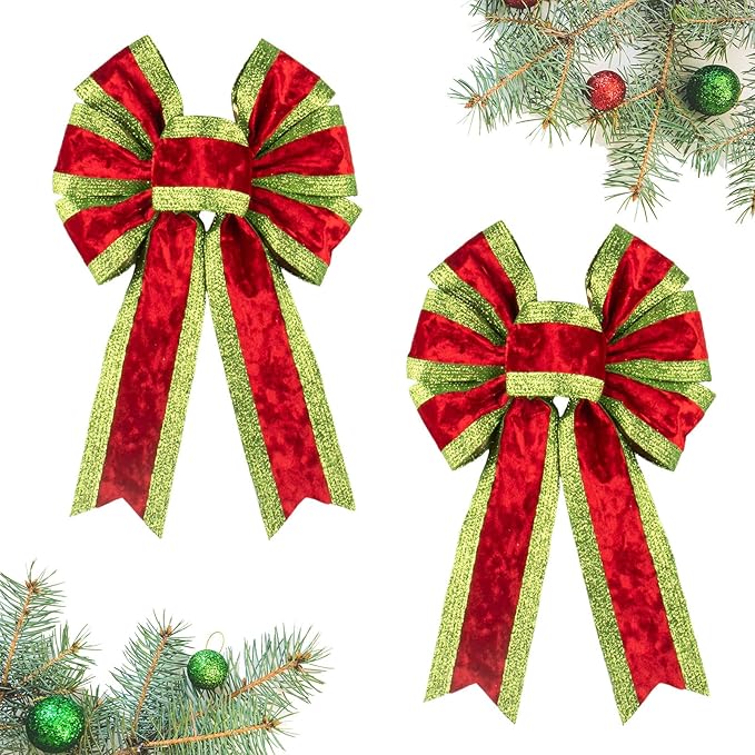 2 PCS Christmas Bow for Wreath, Christmas Wreath Bows for Front Door Wall Fence Decor Red Green Stripes Tree Topper Bows for Holiday Party Home New Year Decoration