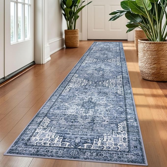 2x10 Washable Rug for Entrance, Blue Soft Printed Area Rug, Non-Slip Kitchen Rugs, Low-Pile Medallion Indoor Door Mat, Small Farmhouse Carpet for Entryway Kitchen Foyer Bedside