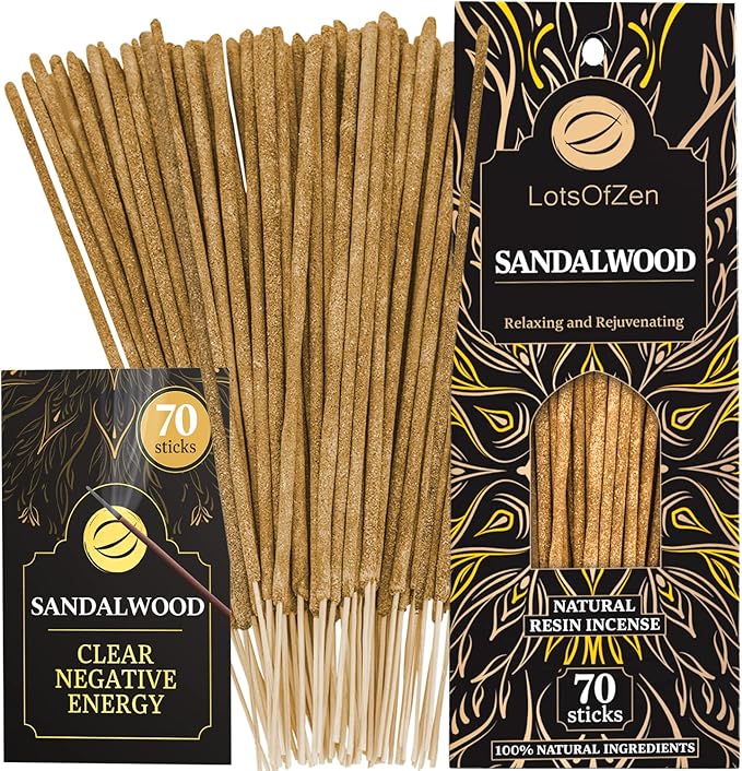 Sandalwood Incense Sticks (70 Pack) - 100% Natural 7.8" Incense for Cleansing, Meditation & Spiritual Healing - Pure Sandal Wood Resin, 1-Hour Burn Time