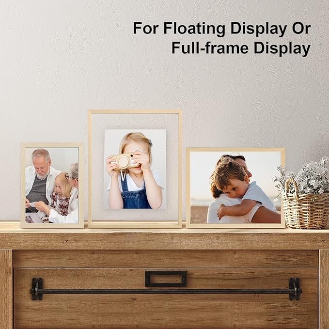 Egofine 6x8 Floating Frames Set of 2, Double Plexiglass Picture Frame, Made of Solid Wood Display Any Size Photo up to 6x8, Wall Mount or Tabletop Standing, Natural Wood