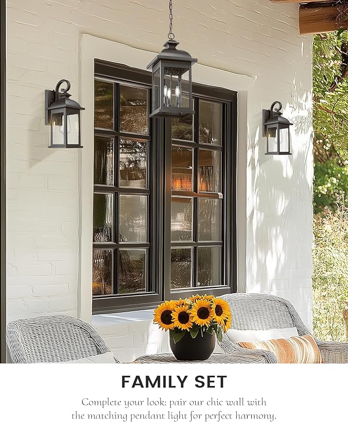 FEMILA Exterior Wall Sconce,2 Packs Outdoor Waterproof Wall Lights Fixture,E26 Socket Wall Lantern for Porch,Anti-Rust Matte Black Finish with Seeded Glass Lampshade,4FD54B-2PK BK