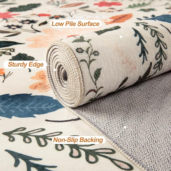 Tangsoo Runner Rug for Hallways Kitchen Rug, Non Slip 2x6 Washable Boho Floral Rug Runner for Entryway, Low Pile Carpet Door Mat Indoor Entrance for Kids Room Bedroom Laundry Office(White/Beige)