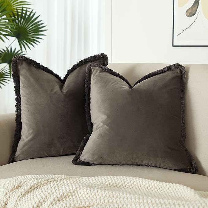JUSPURBET Pack of 2 Ash Decorative Fringe Velvet Throw Pillow Covers 26x26 for Home Decor Living Room Bedroom Car Boho Soft Cushion Cover with Hidden Zipper Machine Washable