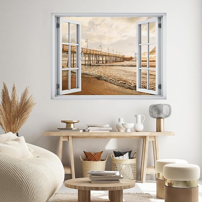 SIGNWIN Removable Wall Sticker/Wall Mural Window Golden Sunset Over Ocean Waves and Wooden Pier Photography Realism Decorative Landscape Digital Art for Living Room, Bedroom, Office - 36"x48"