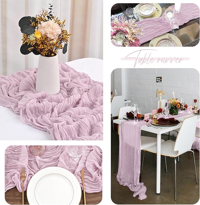 12 Pack Purple Pink Cheesecloth Table Runner 35x120 Inch 10Ft Gauze Cheese Cloth Table Runner, Boho Rustic Wedding Table Runner for Wedding Bridal Shower Graduation Banquet Table Decorations