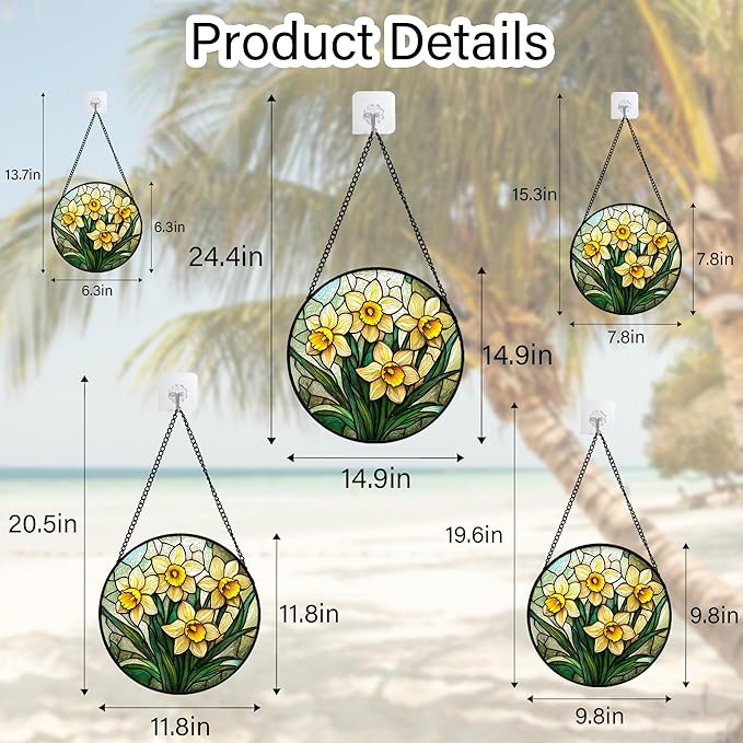 Stained Glass Window Hanging, Daffodil Plant Flowers Sun Catchers Diamond Glass Panel Hangings Suncatcher Decor for Birthday for Women, Men, Wife, Aunt, and Mom 9.8 in