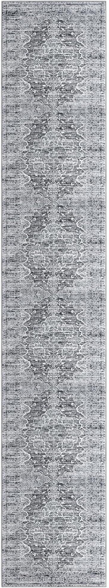 KUTA Vintage Washable Runners for Hallways 2.6x16, Non-Slip 16ft Extra Long Kitchen Runner Rug, Grey Blue White Ultra Soft Printed Floral Medallion Stair Runners Indoor for Bedroom