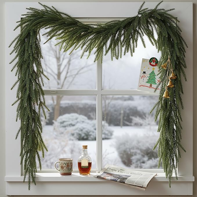 Worth Garden 2PCS 70in UV-Resistant Artificial Norfolk Pine Garlands, 6ft Green PVC Holiday Christmas Garland with Hidden Stem, Indoor Outdoor Rustic Mantel Staircase Porch Décor