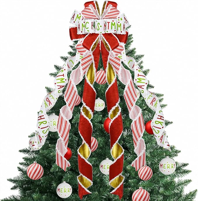 Christmas Tree Topper 48" x 13", Red Large Velvet Bow with Long Streamers, Wired Edge Decorative Bow for Wreath Door Holiday Party Festival Xmas Decoration Supplies-Red