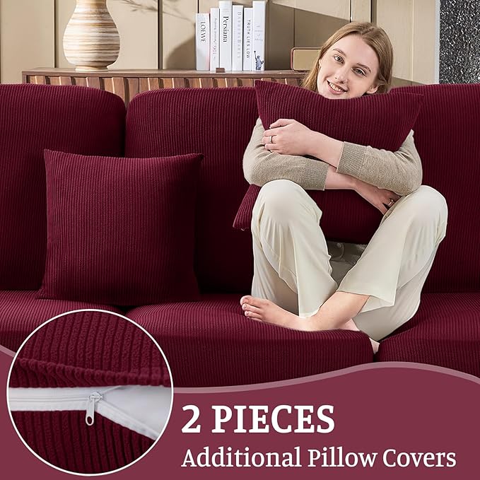 Sectional Couch Covers for Sofa Cushion L Shaped Couch Cover Washable Soft Couch Cushion Covers Stretch Sofa Slipcovers with 2 Pcs Pillowcases(3-Piece 2 Seater + 1 Chaise, Burgundy)
