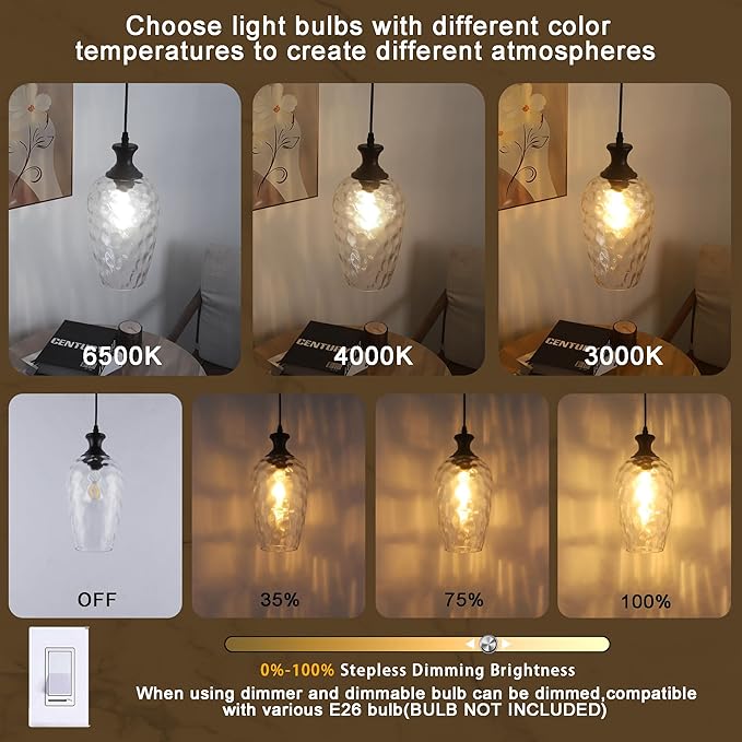 Glass Pendant Lights Kitchen Island, 1-Light Black Pendant Light Fixtures with Hand-Blown Clear Glass, Farmhouse Hanging Light for Kitchen Sink Dining Room Bedroom, E26
