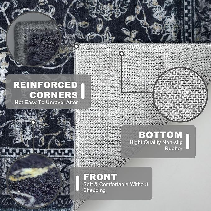 KILOCOCO Hallway Runner 3x8 Rug Runner Printed Vintage Floral Washable Kitchen Runners Non-slip Rubber Backed Runners for Hallways Laundry Room Distressed Boho Rugs for Entryway Bedroom, Navy/Charcoal