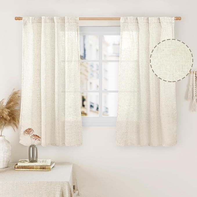 LAMIT Semi Sheer 48 Inch Linen Curtains for Cafe 2 Panels, Cream Ivory Light Filtering Panels Back Tab and Rod Pocket Neutral Drapes for Small Window/Loft Room, 34 x 48 Inch