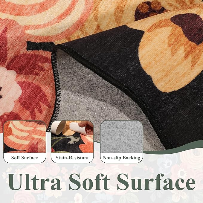 DUKINO 2x4 Washable Runner Rugs, Non Slip Floral Print Entryway Rug with Soft Low Pile, Lightweight Mat for Living Room, Bathroom, Bedroom, Kitchen, Black