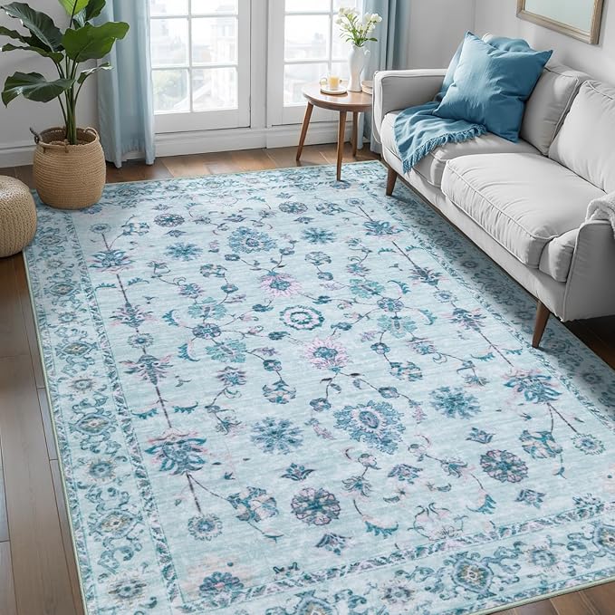Tangsoo 3x5 Floral Area Rug Washable Non-Slip Low Pile Vintage Boho Distressed Carpet for Bedroom, Entryway, Kitchen, Office, Foyer Decor - Pet & Child Friendly (Light Blue)