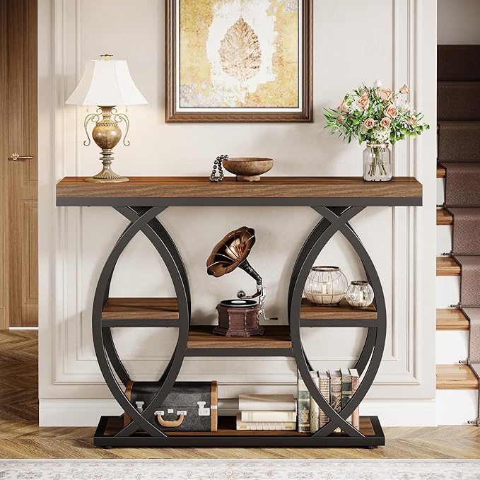 Tribesigns 39.4" Console Table, Industrial 4-Tier Sofa Table Entryway Table with Storage Shelves, Narrow Wood Accent Tables with Metal Frame for Small Spaces, Hallway, Foyer, Rustic Brown