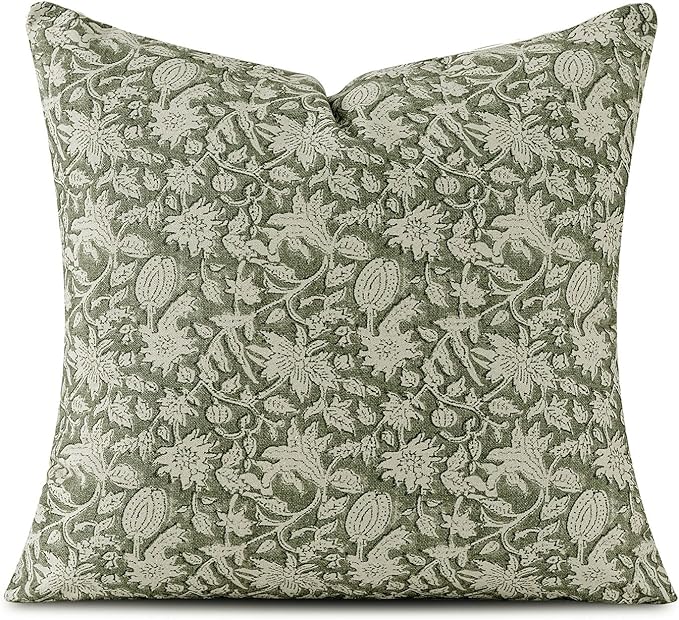 Amor Virisso Throw Pillow Covers 20x20 Floral Pillow Covers Block Print Farmhouse Neutral Pillow Covers Decorative Accent Throw Pillows for Couch Bed Living Room Sofa Pillows 1PC, Dusty Green