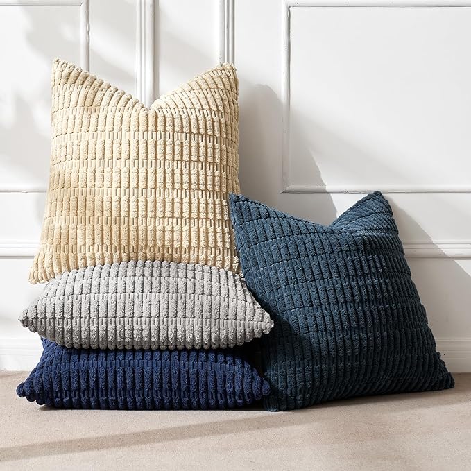 MIULEE Pack of 4 Modern Coastal Western Blue and Brown Corduroy Decorative Throw Pillow Covers 18x18 Inch Soft Striped Pillow Covers Home Decor for Sofa Living Room Couch Bed