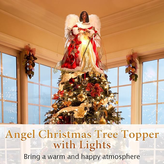 HMASYO Black Christmas Tree Topper Angel with Timer Lights, 12" African American Angel Tree Toppers with White Feather Wings, Star Light, Remote Control and USB Power Xmas Treetop Decor for Holiday