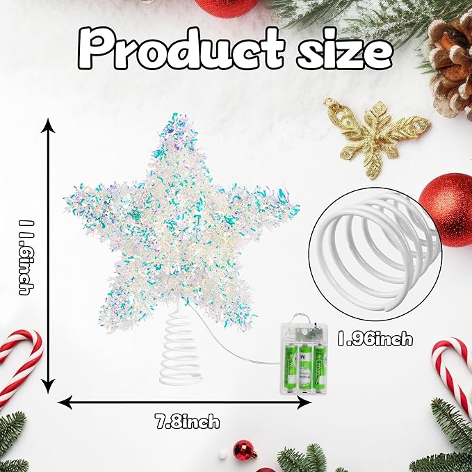 Christmas Tree Topper Star Iridescent Tinsel Star Tree Topper 10 Inch Lighted Tree Topper Battery Operated Christmas Tree Decoration for Holiday Indoor Decoration Warm White Light