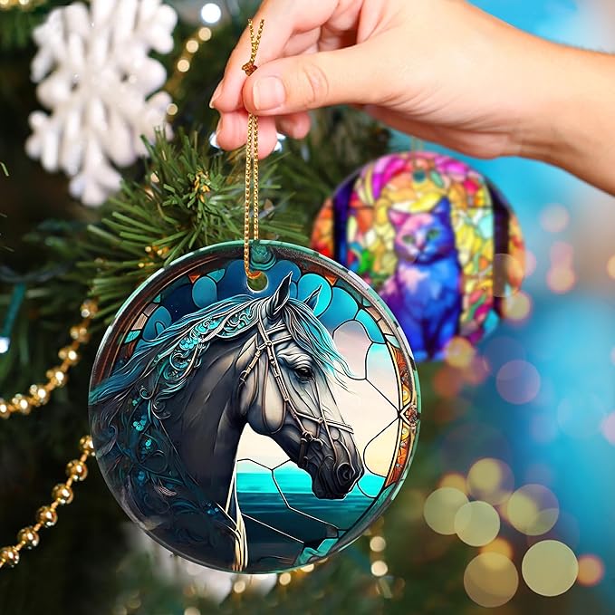 Touber Horse Ornament, Christmas Decoration, Holiday Present Idea, Heirloom Keepsake, Round Ceramic, Bauble Present, Horse