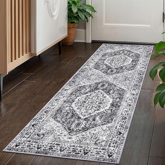 KOZYFLY Runners for Hallways 2x5 Ft Washable Kitchen Runner Rug Boho Runner Rug for Entryway Indoor Printed Faux Wool Floor Carpet Runner for Laundry Room Kitchen Hall, Grey