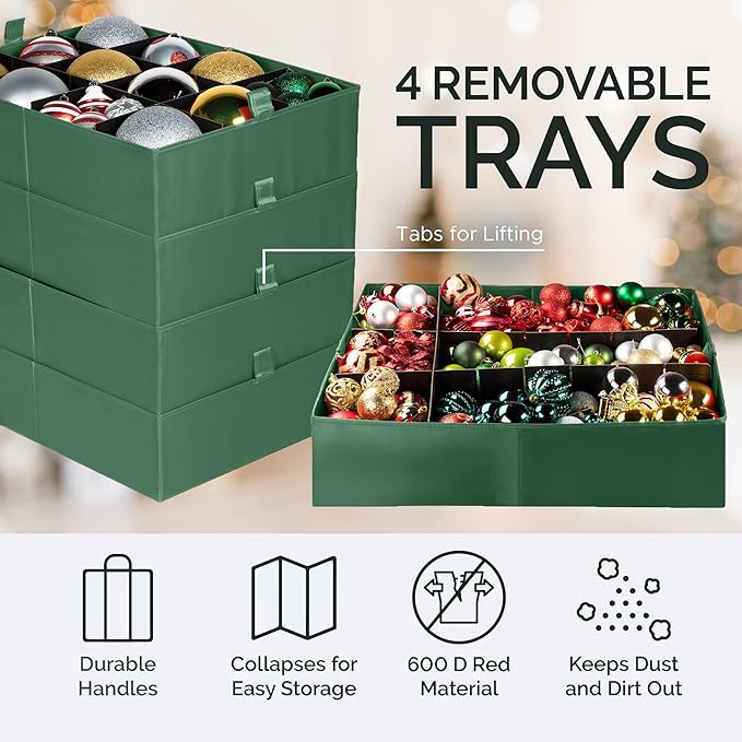 Christmas Extra Large Ornament Storage Container - Box Stores Up to 48 – 6” Ornaments – With 4 Individual Trays -Heavy Duty 600D Tear Resistant Material, Zippered, Adjustable Dividers - Green