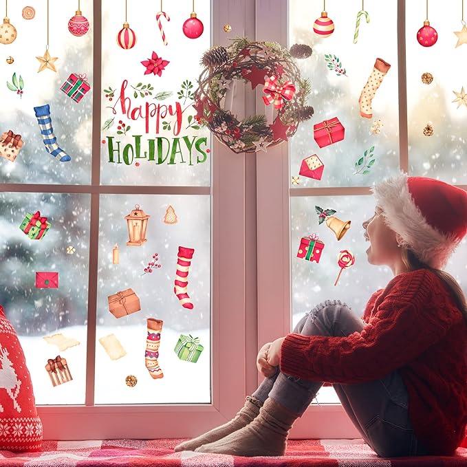Happy Holiday Wall Stickers Christmas Window Stickers with Socks Candy Copper Bell Decals Removable Vinyl Wall Decals Window Xmas Self-Adhesive Holiday Home Decoration