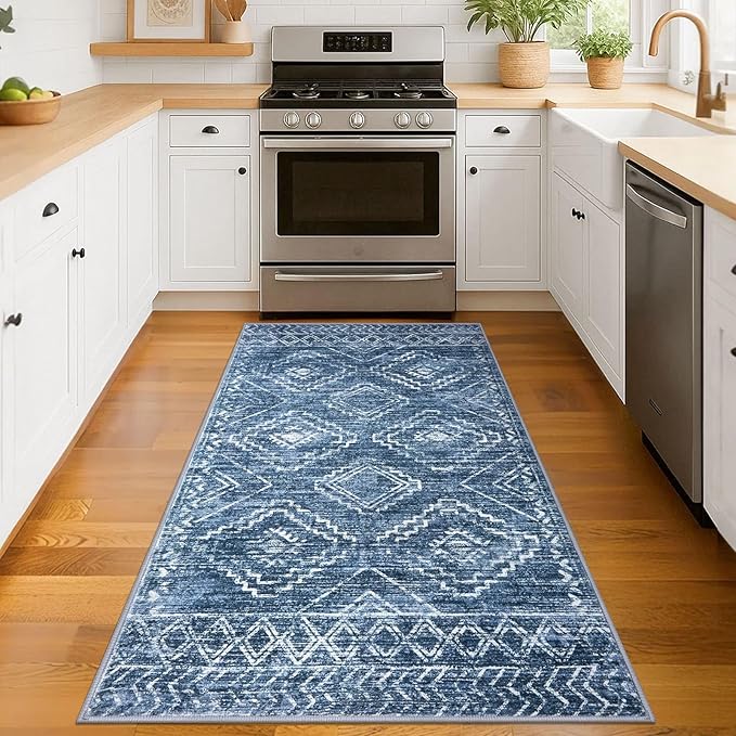 KILOCOCO Boho Entryway Rug 3x5 Area Rug Washable Non Slip Printed Throw Rugs Soft for Kitchen Living Room Dining Bedroom Geometric Moroccan Carpet, Blue