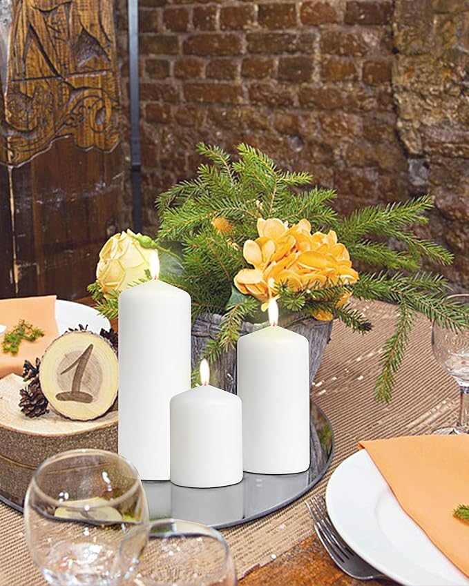 Bask Cone Top Pillar Candles - Elegant White Candles - Set of 3 White Pillar Candles - 3"x4", 3"x6", and 3" x8 - Smokeless and Dripless Decorative Candles for Home Decor and Relaxation