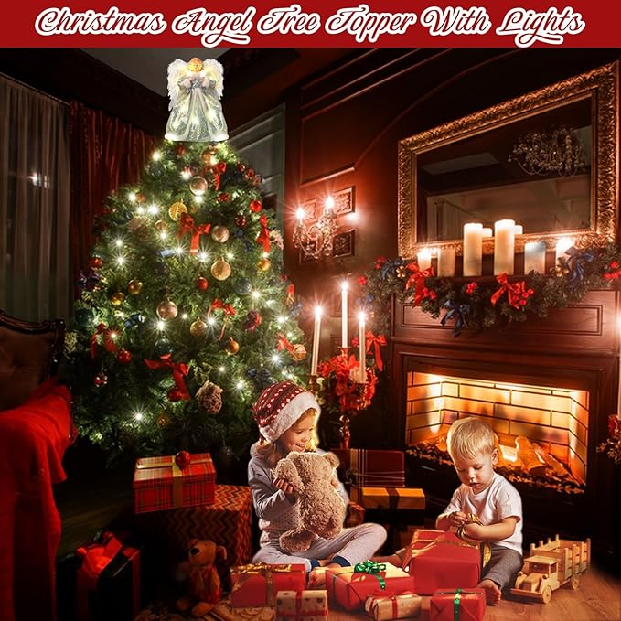 Angel Christmas Tree Topper with Lights and Remote Control, Lighted Tree Toppers Christmas Decorations, Elegant and Durable, Perfect for Xmas Holiday Home Decor and Gifts, Silver, WOKEISE