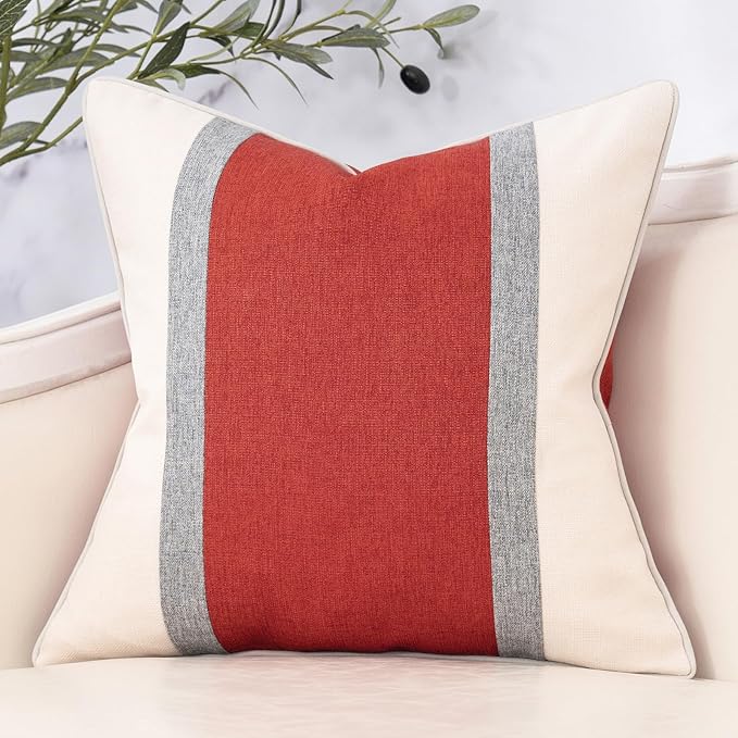Yangest Patchwork Pillow Cover 24x24 Inch Luxury Cotton and Linen Cushion Cover Square Pillowcover for Couch Bedroom Living Room, Orange