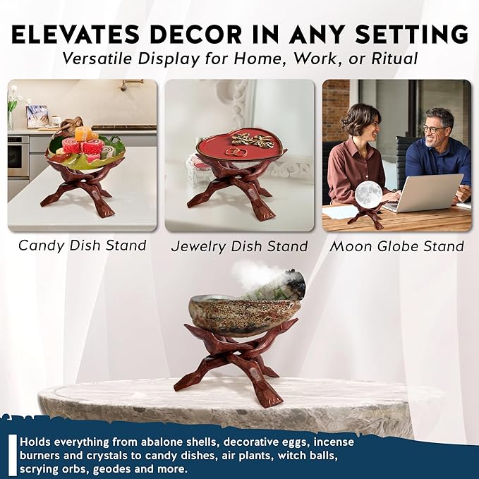 Alternative Imagination Wooden Tripod Display Stand – 8-Inch Hand Carved Holder Made from Sustainable Mango Wood – Folding Reddish-Brown Stand for Abalone Shell, Crystal Ball, Key Bowl, Trinket Dish, Incense, Decor and More