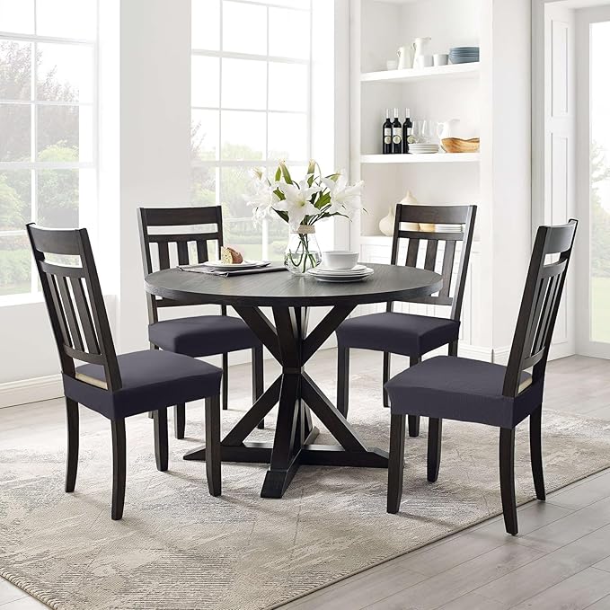 Smiry Stretch Jacquard Seat Covers for Dining Room Chairs Set of 8, Removable Washable Chair Seat Protector Slipcovers, No Rear Covers, Dark Grey