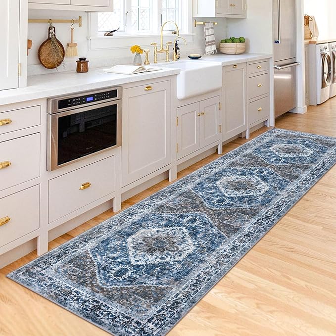 KOZYFLY Long Runners for Hallways 2.6x10 Ft Washable Kitchen Runner Rug Boho Runner Rug for Entryway Indoor Blue Printed Oriental Faux Wool Stair Runner Floor Carpet Runner for Stair Kitchen Hall
