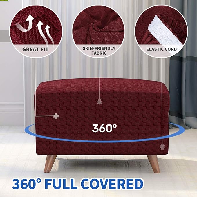 MAXIJIN Jacquard Ottoman Cover Slipcovers Folding Storage Stool Furniture Protector Cover Soft Thick Rectangle Foot Rest Slipcover with Elastic Bottom (Ottoman Small, Wine Red)