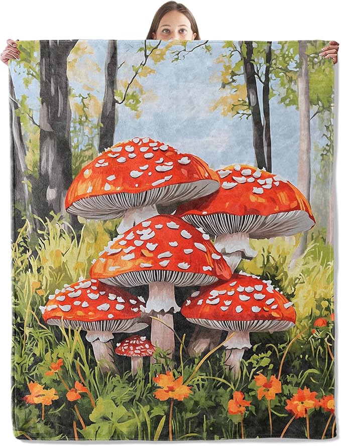 Vibrant Mushroom Blanket, Cozy Plush Throw Blanket for Couch Bedroom Outdoor, Lightweight Soft Flannel Travel Blankets, Gifts for Women Kids Nature Lovers, Home Cabin Dorm Decor 50"×60"
